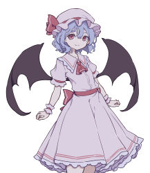 Rule 34 | 1girl, ascot, bat wings, blue hair, dress, fang, frills, hat, hat ribbon, highres, kame (kamepan44231), looking at viewer, mob cap, one-hour drawing challenge, puffy short sleeves, puffy sleeves, red eyes, red ribbon, remilia scarlet, ribbon, short hair, short sleeves, simple background, skin fang, skirt, smile, solo, touhou, white background, wings, wrist cuffs