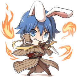 Rule 34 | 1boy, animal ears, black-framed eyewear, blue eyes, blue hair, bread slice, brown cape, brown capelet, brown footwear, brown gloves, brown pants, cape, capelet, chibi, commentary request, dagger, fake animal ears, fire, food, food in mouth, full body, gloves, holding, holding dagger, holding knife, holding weapon, knife, long sleeves, looking at viewer, magic, male focus, monocle, mouth hold, natsuya (kuttuki), open mouth, pants, rabbit ears, ragnarok online, red shirt, sage (ragnarok online), shirt, shoes, short hair, simple background, solo, striped cape, striped capelet, toast, toast in mouth, waist cape, weapon, white background