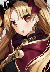 Rule 34 | 1girl, :d, bad id, bad pixiv id, blonde hair, blush, bow, cape, commentary, earrings, ereshkigal (fate), fate/grand order, fate (series), gambe, grey background, hair bow, infinity symbol, jewelry, long hair, looking at viewer, open mouth, parted bangs, red bow, red cape, red eyes, simple background, skull, smile, solo, spine, tohsaka rin, two side up, upper body
