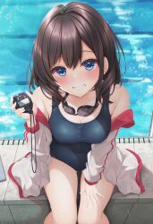 Rule 34 | 1girl, :d, bare shoulders, black hair, black one-piece swimsuit, blue eyes, blush, breasts, cleavage, collarbone, competition school swimsuit, covered navel, goggles, goggles around neck, grin, jacket, large breasts, long hair, long sleeves, looking at viewer, minato ojitan, off shoulder, one-piece swimsuit, open clothes, open jacket, open mouth, original, parted lips, pool, school swimsuit, sitting, smile, stopwatch, swimsuit, track jacket, watch, water, white jacket