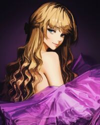 Rule 34 | 1girl, adapted costume, album cover redraw, alternate costume, bare shoulders, blonde hair, blue eyes, closed mouth, coppr, derivative work, dress, drill hair, frilled dress, frills, from side, genshin impact, half updo, highres, lips, long hair, looking back, looking to the side, navia (genshin impact), off-shoulder dress, off shoulder, purple background, purple dress, smile, solo, turning head, twitter username, upper body