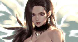 Rule 34 | 1girl, breasts, brown hair, cleavage, close-up, closed mouth, earrings, glint, highres, jewelry, lipstick, long hair, looking at viewer, makeup, necklace, original, pointy ears, red eyes, red lips, siun, solo, upper body