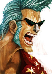 Rule 34 | 1boy, angry, blue hair, franky (one piece), hawaiian shirt, lack, male focus, one piece, open mouth, realistic, shirt, sideburns, solo, sunglasses