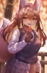Rule 34 | 1girl, :3, absurdres, animal ears, animal nose, autumn, autumn leaves, blonde hair, blush, breasts, brown eyes, brown hair, colored inner hair, crossed bangs, fox ears, fox girl, fox tail, furry, furry female, highres, holding, holding leaf, leaf, long hair, long sleeves, maple leaf, medium breasts, multicolored hair, open mouth, original, outdoors, sasayuki (kemonoyou), skirt, solo, tail, tree