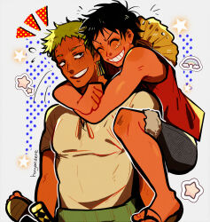 Rule 34 | 2boys, absurdres, bandana around arm, black hair, blush, carrying, closed eyes, dark-skinned male, dark skin, earrings, facial scar, green hair, grin, happy, hat, highres, hug, hug from behind, huyandere, jewelry, male focus, monkey d. luffy, multiple boys, one piece, open mouth, piggyback, red shirt, roronoa zoro, sandals, scar, scar on cheek, scar on face, shirt, short hair, shorts, sideburns, smile, straw hat, sweatdrop, teeth, toned, toned male, white shirt