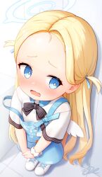 Rule 34 | 1girl, angel&#039;s 24 uniform (blue archive), angel wings, apron, blonde hair, blue apron, blue archive, blue eyes, blue halo, blush, collared shirt, fang, forehead, from above, halo, highres, j2l, long hair, open mouth, shirt, shoes, short sleeves, signature, solo, sora (blue archive), standing, white footwear, white shirt, white wings, wings