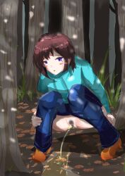 Rule 34 | 1girl, absurdres, autumn leaves, bar censor, blue eyes, blue hoodie, blue pants, blush, brown footwear, brown hair, buta no fuguri, censored, clothes pull, denim, forest, grass, highres, hood, hoodie, jeans, leaf, long sleeves, looking down, nature, open mouth, pants, pants pull, peeing, pubic hair, puddle, pussy, shoes, short hair, squatting, stick, tree