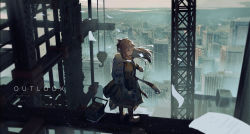 Rule 34 | 1girl, 2020, absurdres, arknights, artist name, backpack, bag, belt, belt buckle, black coat, black footwear, boots, brown hair, buckle, building, city, cityscape, coat, construction site, crane (machine), day, english text, floating clothes, floating hair, full body, gun, highres, holding, holding gun, holding weapon, loftcat, long hair, looking at viewer, nail gun, outdoors, pinecone (arknights), red eyes, scaffolding, scenery, skyscraper, solo, standing, steel beam, weapon, wind