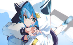 Rule 34 | 1girl, animal costume, bed, black nails, blue eyes, blue hair, blush, closed mouth, commentary request, foot up, highres, hololive, hood, hood up, hooded jacket, hoshimachi suisei, hoshimachi suisei (school uniform), jacket, long sleeves, looking at viewer, lying, nail polish, nonbire, on stomach, pillow, puffy long sleeves, puffy sleeves, purple skirt, shoes, skirt, socks, solo, virtual youtuber, white jacket