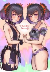 Rule 34 | 2girls, belt, bikini, black choker, braid, choker, clone, collar, commission, flower, hair flower, hair ornament, highres, holding hands, looking at viewer, mole, mole under eye, multiple girls, nail polish, off-shoulder bikini, off shoulder, purple eyes, purple hair, r123, red nails, revealing clothes, sideless outfit, skeb commission, smile, swimsuit, symonne (tales), tales of (series), tales of zestiria, thank you, thighhighs, twintails