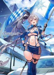 Rule 34 | 1girl, blue sky, breasts, checkered flag, clarice (evertale), cleavage, cloud, cloudy sky, collar, commentary request, copyright name, cropped jacket, day, evertale, fingerless gloves, flag, gloves, grey hair, highleg, highleg panties, highres, jacket, kakage, logo, long hair, medium breasts, miniskirt, navel, official art, open clothes, open jacket, open mouth, outdoors, panties, polearm, ponytail, race queen, race vehicle, red eyes, side ponytail, simple background, skirt, sky, smile, solo, stomach, teeth, thigh strap, thighhighs, underwear, upper teeth only, weapon