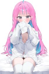 Rule 34 | 1girl, absurdres, ahoge, bed sheet, blue hair, blush, breasts, colored inner hair, commentary request, covering own mouth, hair down, highres, hololive, light blue hair, long hair, long sleeves, looking at viewer, minato aqua, multicolored hair, nel dcm, pink eyes, pink hair, shirt, sitting, sleeves past fingers, sleeves past wrists, small breasts, solo, streaked hair, thighhighs, two-tone hair, virtual youtuber, white background, white shirt, white thighhighs