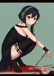 Rule 34 | 1boy, 1girl, bad id, bad pixiv id, bare shoulders, black dress, black footwear, black gloves, black hair, black thighhighs, blood, blood on arm, blood on clothes, blood on hands, blood on leg, blush, boots, breasts, closed mouth, dress, fingerless gloves, full body, gloves, hair between eyes, highres, holding, large breasts, letterboxed, long hair, long sleeves, out of frame, pool of blood, red eyes, solo focus, spy x family, squatting, thigh boots, thighhighs, uneg, yor briar