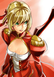 Rule 34 | 10s, 1girl, blonde hair, breasts, cleavage, epaulettes, fate/extra, fate/stay night, fate (series), from above, green eyes, nana g, nero claudius (fate), nero claudius (fate), nero claudius (fate/extra), solo