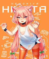 Rule 34 | 1girl, :3, :d, ahoge, animal ears, asymmetrical legwear, breasts, cat ears, character name, choker, claw pose, collarbone, commentary, eyes visible through hair, fang, hair between eyes, hair bobbles, hair ornament, hinata channel, leaning forward, long hair, looking at viewer, low twintails, mismatched legwear, nekomiya hinata, open mouth, orange background, orange thighhighs, outline, pink hair, shirt, shorts, simple background, small breasts, smile, solo, striped clothes, striped thighhighs, tank top, terupancake, thighhighs, tied shirt, twintails, twitter username, very long hair, virtual youtuber, white outline, white shirt, wristband