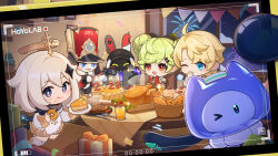 Rule 34 | &gt; o, 1boy, 2023, 2girls, 3others, :d, ^ ^, absurdres, ahoge, ai-chan (honkai impact), bangboo (zenless zone zero), bare shoulders, black eyes, black jacket, black scarf, blonde hair, blue eyes, bow, bread, cake, chibi, closed eyes, company connection, cupcake, davis (tears of themis), double bun, dress, elbow gloves, fireworks, food, food on face, fork, genshin impact, gift, gloves, green bow, green hair, hair bow, hair bun, hair ornament, halo, happy new year, highres, holding, holding food, holding phone, honkai: star rail, honkai (series), honkai impact 3rd, indoors, jacket, juice, knife, long hair, long sleeves, looking at viewer, mihoyo, mimo (mihoyo), multiple girls, multiple others, new year, night, night sky, official art, one eye closed, open mouth, orange eyes, orange gloves, orange juice, paimon (genshin impact), phone, plate, pom-pom (honkai: star rail), red jacket, scarf, selfie, short hair, sky, smile, snow, steak, table, tears of themis, tongue, tongue out, turkey (food), white dress, white hair, window, zenless zone zero