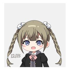 Rule 34 | 1girl, :d, arms at sides, assault lily, black jacket, blue eyes, blunt bangs, blush, border, bow, bowtie, braid, brown hair, chibi, collared shirt, commentary, dated, grey background, hair ribbon, highres, jacket, juliet sleeves, kishimoto lucia raimu, long hair, long sleeves, looking at viewer, ludvico private girls&#039; academy school uniform, open mouth, pink bow, pink bowtie, puffy sleeves, ribbon, school uniform, shirt, simple background, smile, solo, twin braids, twintails, upper body, white border, white ribbon, white shirt, yui (yui1115 )