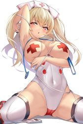 Rule 34 | 1girl, :o, arm under breasts, arm up, armpits, blonde hair, breast press, breasts, breasts out, cameltoe, commission, covered erect nipples, cross pasties, hat, highres, kneeling, large breasts, leotard, looking at viewer, navel, nurse, nurse cap, orange eyes, pasties, phantasy star, phantasy star online 2, pizza kanon, red eyes, rikiddo (tise 00), skeb commission, skin tight, skindentation, solo, spread legs, stethoscope, thighs, topless, valgiris