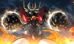 Rule 34 | clenched hands, embers, fire, glowing, glowing eyes, highres, jazz jack, mazinger (series), mazinkaiser, mazinkaiser (robot), mecha, no humans, robot, rocket punch, spinning, super robot