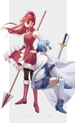 Rule 34 | 2girls, absurdres, ankle boots, black bow, black legwear, blue eyes, blue footwear, blue hair, blue skirt, boots, bow, cape, character name, closed mouth, detached sleeves, from side, gloves, high heel boots, high heels, highres, knee boots, long hair, looking to the side, magical girl, mahou shoujo madoka magica, mahou shoujo madoka magica (anime), miki sayaka, missholmes, multiple girls, polearm, ponytail, red eyes, red footwear, red hair, sakura kyoko, short hair, skirt, spear, sword, thighhighs, weapon, white cape, white gloves, white legwear, zettai ryouiki