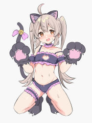 Rule 34 | 1girl, ahoge, animal ears, animal hands, armband, bell, bow, bra, bridal garter, cat ears, cat lingerie, cat paws, cat tail, choker, collarbone, commentary request, fake animal ears, frilled armband, frilled bra, frilled panties, frills, gloves, highres, jingle bell, kaito (kaito921125), light brown hair, long hair, meme attire, navel, onii-chan wa oshimai!, open mouth, oyama mahiro, panties, paw gloves, paw shoes, purple armband, purple bra, purple choker, purple panties, sidelocks, simple background, solo, stomach, strap slip, sweat, tail, tail bell, tail bow, tail ornament, thigh strap, twintails, underwear, very long hair, white background