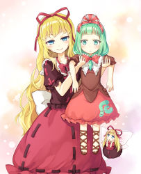 Rule 34 | 2girls, aged down, aged up, blonde hair, blue eyes, blunt bangs, blush, bow, closed mouth, cross-laced footwear, front ponytail, gladiator sandals, green eyes, green hair, hair bow, hair ribbon, kagiyama hina, lifting person, long hair, looking at viewer, medicine melancholy, mito tsubaki, multiple girls, puffy short sleeves, puffy sleeves, red bow, red ribbon, red skirt, ribbon, role reversal, sandals, shirt, short sleeves, skirt, smile, su-san, touhou, very long hair, wavy hair, wings