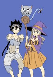 Rule 34 | 1boy, 1girl, blonde hair, blue background, blue eyes, breasts, cat, cleavage, dress, earrings, eden&#039;s zero, goggles, goggles on head, halloween, happy (eden&#039;s zero), hat, holding, holding staff, jewelry, large breasts, long hair, looking at viewer, mashima hiro, official art, rebecca bluegarden, shiki granbell, short hair, simple background, smile, staff, standing, witch hat