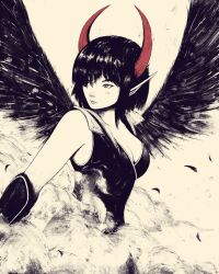 Rule 34 | 1girl, absurdres, akramness, bare shoulders, black dress, black hair, black wings, breasts, cleavage, closed mouth, commentary, dress, hair over one eye, highres, horns, medium breasts, medium hair, original, pointy ears, red horns, simple background, sleeveless, sleeveless dress, smoke, solo, upper body, white background, wings