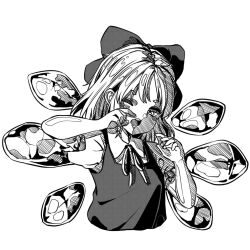 Rule 34 | 1girl, bow, breasts, cirno, collared shirt, cropped torso, detached wings, dress, frilled sleeves, frills, greyscale, hair bow, kourou (kouroukun), looking at viewer, medium hair, monochrome, neck ribbon, one eye closed, open mouth, pinafore dress, puffy short sleeves, puffy sleeves, ribbon, shirt, short sleeves, simple background, sleeveless, sleeveless dress, small breasts, solo, teeth, touhou, upper body, upper teeth only, wings