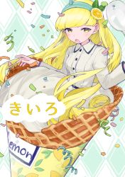 Rule 34 | 1girl, :o, belt, belt buckle, black belt, blonde hair, breasts, buckle, collared dress, comitia, commentary request, confetti, dress, food, food-themed hair ornament, fruit, green hairband, hair ornament, hairband, head tilt, highres, ice cream cone, in food, karamomo, lemon, lemon hair ornament, lemon slice, long hair, long sleeves, looking at viewer, mini person, minigirl, open mouth, original, sitting, small breasts, solo, spoon, very long hair, white dress, yellow eyes