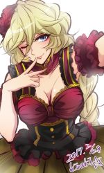 Rule 34 | 10s, 1girl, aged up, armband, artist name, blonde hair, blush, braid, breasts, carol malus dienheim, cleavage, dated, dress, eyelashes, finger to mouth, flower, hair flower, hair ornament, highres, kiraki, large breasts, lips, long hair, looking at viewer, mole, mole under eye, one eye closed, outstretched arm, reaching, reaching towards viewer, selfie, senki zesshou symphogear, shiny skin, simple background, smile, solo, very long hair, white background