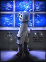 Rule 34 | absurdres, chromatic aberration, clothed robot, coat, controller, glitch, gloves, highres, humanoid robot, looking at viewer, looking back, male focus, monitor, na--ko, oneshot (game), particles, prototype (oneshot), robot, scarf, screen light, solo, spoilers