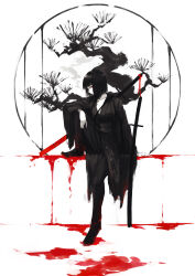 Rule 34 | 1girl, absurdres, akita (akitakipuromun), arm tattoo, black footwear, black hair, black kimono, black pants, blood, blood on clothes, blood on ground, bob cut, breasts, cigarette, cleavage, collarbone, commentary request, highres, japanese clothes, katana, kimono, limbus company, long sleeves, looking at viewer, medium breasts, pale skin, pants, project moon, red eyes, ryoshu (project moon), sheath, sheathed, short hair, shoulder strap, shoulder tattoo, sideways glance, sitting, smoke, smoking, solo, sword, tattoo, weapon, white background
