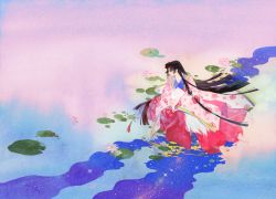 Rule 34 | 1boy, 1girl, barefoot, black hair, blunt ends, facing away, floating hair, floral print, flower, flying, from above, highres, hime cut, holding, inuyasha, inuyasha (character), japanese clothes, kimono, layered clothes, layered kimono, leaf, long hair, long sleeves, looking away, looking to the side, lotus, mu-onna, outstretched arms, painting (medium), pink flower, plantar flexion, pointing, pond, reflection, reflective water, sidelocks, sky, sleeves past fingers, sleeves past wrists, soles, star (sky), starry sky, straight hair, sundaetail, tassel, toy, traditional media, very long hair, wading, water, watercolor (medium), white hair, wide sleeves