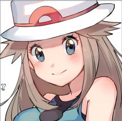 Rule 34 | 1girl, bad id, bad pixiv id, bare shoulders, blue eyes, blush, breasts, closed mouth, creatures (company), game freak, hat, highres, leaf (pokemon), light brown hair, long hair, looking at viewer, medium breasts, nintendo, pokemon, pokemon frlg, porkpie hat, portrait, ririmon, simple background, smile, solo, upper body, white background, white hat