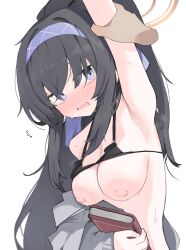 Rule 34 | 1girl, arm grab, arm up, armpits, bikini, bikini top lift, black bikini, black hair, blue archive, blue eyes, blue hairband, blush, book, breasts, clothes lift, disembodied hand, hairband, highres, holding, holding book, inverted nipples, long hair, medium breasts, mikozin, o-ring, o-ring bikini, o-ring top, official alternate costume, open mouth, ponytail, purple eyes, simple background, solo focus, sweat, swimsuit, ui (blue archive), ui (swimsuit) (blue archive), upper body, white background