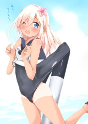 Rule 34 | 10s, 1girl, blonde hair, blue eyes, blush, clothes pull, crop top, flower, hair flower, hair ornament, itachi maki, kantai collection, long hair, one-piece swimsuit, one-piece swimsuit pull, one eye closed, open mouth, ro-500 (kancolle), school swimsuit, solo, swimsuit, tan, tanline, torpedo