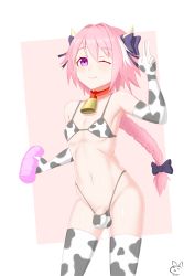 Rule 34 | 1boy, animal print, artificial vagina, astolfo (fate), bulge, cow print, cow print bikini, fang, fate/grand order, fate (series), flaccid, highres, looking at viewer, male focus, multicolored hair, one eye closed, penis, penis peek, pink eyes, pink hair, print bikini, sex toy, simple background, skin fang, solo, standing, thighhighs, trap, v, white hair, wink