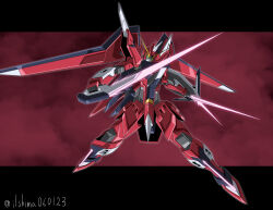 Rule 34 | absurdres, beam saber, commentary, dual wielding, energy blade, energy sword, glowing, glowing eyes, green eyes, gundam, gundam seed, gundam seed freedom, highres, holding, holding sword, holding weapon, immortal justice gundam, leg blade, looking at viewer, mecha, mobile suit, no humans, red background, robot, shield, shimashun, solo, sword, twitter username, v-fin, weapon