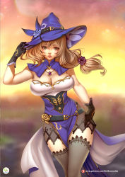 Rule 34 | 1girl, belt, black gloves, breasts, capelet, cleavage, commentary, didi esmeralda, dress, english commentary, flower, genshin impact, gloves, green eyes, grey thighhighs, hand on own hip, hat, hat belt, hat flower, highres, large breasts, light brown hair, lips, lisa (genshin impact), looking at viewer, loose belt, low neckline, low tied hair, multicolored clothes, multicolored dress, nose, pelvic curtain, pinup (style), purple capelet, purple flower, purple hat, purple rose, rose, side slit, solo, thighhighs, wind, witch, witch hat