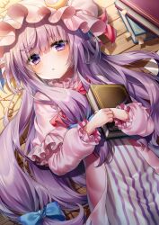 Rule 34 | 1girl, blue bow, book, bow, crescent, crescent hat ornament, hair bow, hat ornament, highres, holding, holding book, jacket, long hair, looking at viewer, lying, on back, patchouli knowledge, pink headwear, pudding (skymint 028), purple eyes, purple headwear, purple jacket, purple shirt, red bow, shirt, solo, striped clothes, striped shirt, touhou, vertical-striped clothes, vertical-striped shirt, very long hair