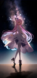 Rule 34 | 1girl, bare arms, bare shoulders, black footwear, blue archive, breasts, commentary request, crescent, dress, feathered wings, hair bun, halo, high heels, highres, long hair, low wings, medium breasts, mika (blue archive), milky way, night, night sky, pantyhose, pink hair, reflection, shoes, shuuha arutsu, single side bun, sky, sleeveless, sleeveless dress, solo, sparkle, star (sky), starry sky, very long hair, white dress, white pantyhose, white wings, wings, yellow eyes
