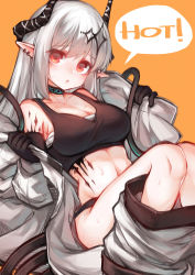 Rule 34 | 1girl, absurdres, arknights, bare shoulders, black gloves, breasts, commentary, crop top, gloves, head tilt, highres, horns, infection monitor (arknights), knees up, large breasts, long hair, looking at viewer, material growth, midriff, mudrock (arknights), mudrock (elite ii) (arknights), navel, orange background, oripathy lesion (arknights), parted lips, pointy ears, red eyes, sarashi, silver hair, simple background, solo, speech bubble, sports bra, stomach, uptwo