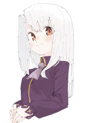 Rule 34 | 1girl, ascot, blush, brown eyes, collared shirt, commentary request, cropped torso, fate/stay night, fate (series), highres, illyasviel von einzbern, long hair, long sleeves, looking at viewer, own hands together, partial commentary, purple shirt, shirt, simple background, sketch, smile, solo, tenoo12, upper body, white background, white hair