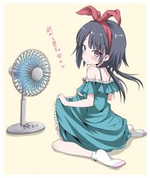 Rule 34 | 1girl, bare shoulders, blunt bangs, blush, clothes lift, commentary request, dress, dress lift, electric fan, eyes visible through hair, fanning crotch, frilled dress, frills, from behind, full body, furrowed brow, green dress, hairband, itakurakou1993, lifting own clothes, long hair, looking at viewer, looking back, no shoes, off-shoulder dress, off shoulder, orange background, original, parted bangs, red hairband, simple background, sitting, soles, solo, spaghetti strap, toe seam, translation request, wariza, white legwear
