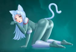 Rule 34 | 100 percent orange juice, 1girl, :o, absurdres, all fours, animal ear fluff, animal ears, ass, bodysuit, breasts, cat ears, cat girl, cat tail, commentary, eyes visible through hair, feet, from side, full body, hair intakes, highres, huge filesize, kemonomimi mode, latex, latex bodysuit, long hair, looking at viewer, medium breasts, multicolored eyes, paw pose, rainbow eyes, simple background, skin tight, solo, star breaker (orange juice), suguri, tail, toes, white hair, wlper