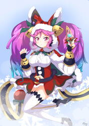 Rule 34 | 1girl, :&lt;, basukechi, belt, blue hair, capelet, cleo (dragalia lost), dagger, dragalia lost, fur trim, hat, hat bell, highres, holding, holding dagger, holding knife, holding weapon, knife, long hair, long sleeves, looking at viewer, multicolored hair, navel, official alternate costume, pink eyes, pink hair, red hat, santa hat, skirt, snowflakes, solo, thighhighs, twintails, two-tone hair, weapon, white skirt, white thighhighs