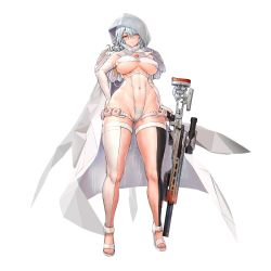 Rule 34 | 1girl, braid, breasts, cape, cleft of venus, dress, elbow gloves, fingerless gloves, game cg, gloves, gun, hair between eyes, high heels, highres, hood, large breasts, last origin, long hair, looking at viewer, official art, revealing clothes, rifle, silver hair, sima (startwitch), simple background, single braid, sniper rifle, solo, suppressor, tachi-e, thighhighs, thighs, transparent background, underboob, weapon, wedding dress, wedding lingerie, white thighhighs, wide hips, wraith (last origin), yellow eyes