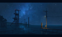 Rule 34 | 1girl, brown coat, brown hair, brown skirt, building, chair, coat, commentary request, facing away, flood, highres, horizon, lamppost, letterboxed, long skirt, milky way, night, night sky, ocean, original, outdoors, pier, pochi (poti1990), power lines, skirt, sky, solo, standing, star (sky), starry sky, tree, utility pole, very wide shot, water