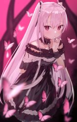 Rule 34 | 1girl, animal, bare shoulders, black dress, black ribbon, blurry, blurry background, blurry foreground, bug, butterfly, chain, closed mouth, commentary request, depth of field, dress, frilled dress, frills, hair between eyes, hair ribbon, hand up, highres, hololive, idemitsu, insect, long hair, looking at viewer, off-shoulder dress, off shoulder, pink hair, red eyes, ribbon, short sleeves, skull, solo, two side up, uruha rushia, uruha rushia (3rd costume), very long hair, virtual youtuber